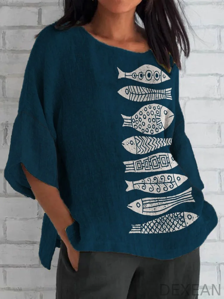 Fish Japanese Lino Art Flowy Linen Blend Tunic