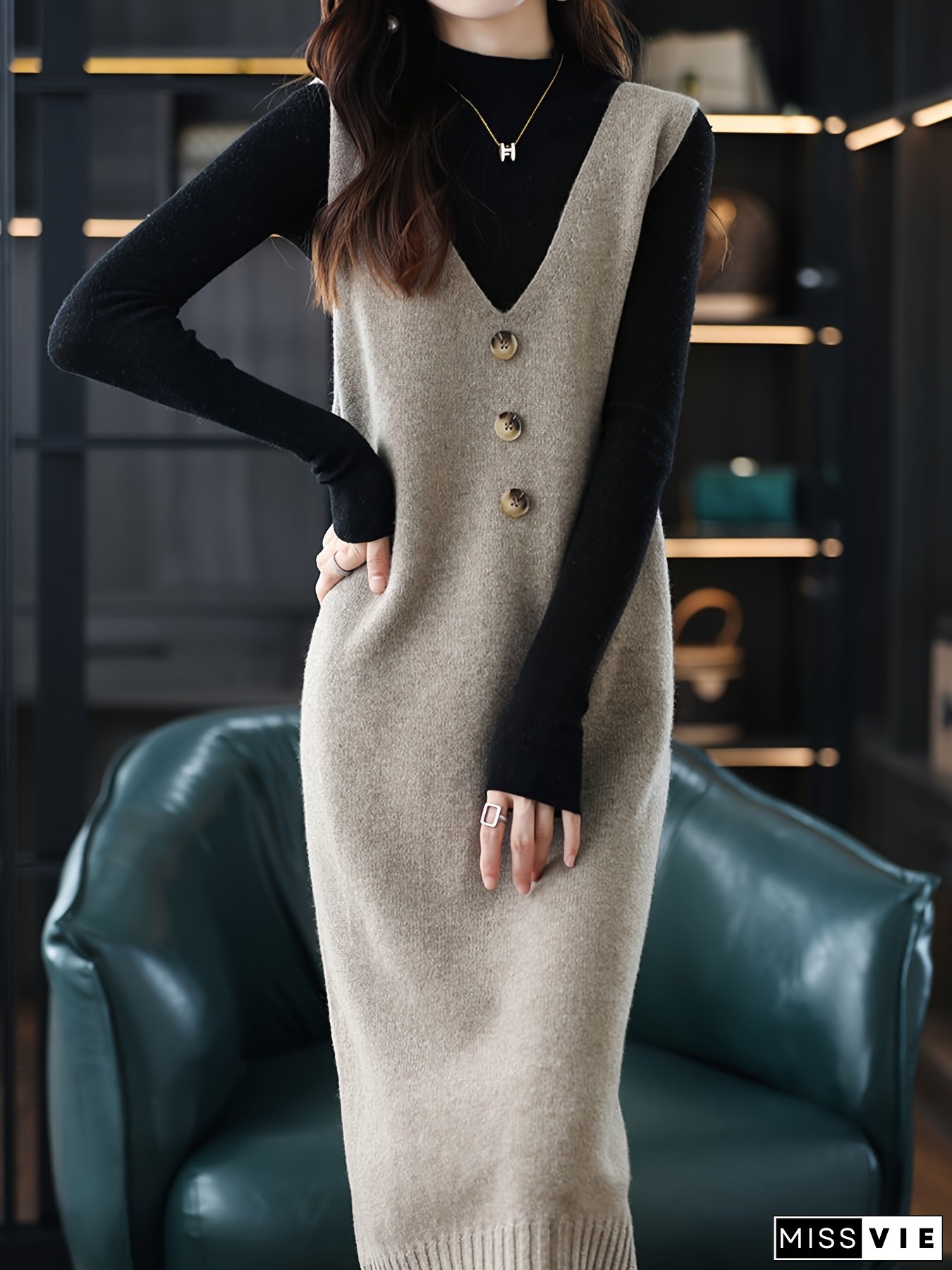 [Elegant Dress] Elegant Women's Sleeveless Dress | V-Neck Loose Fit Mid-Length H-Line Silhouette With Decorative Buttons, Solid Color Korean-Inspired Spring/Fall Dress