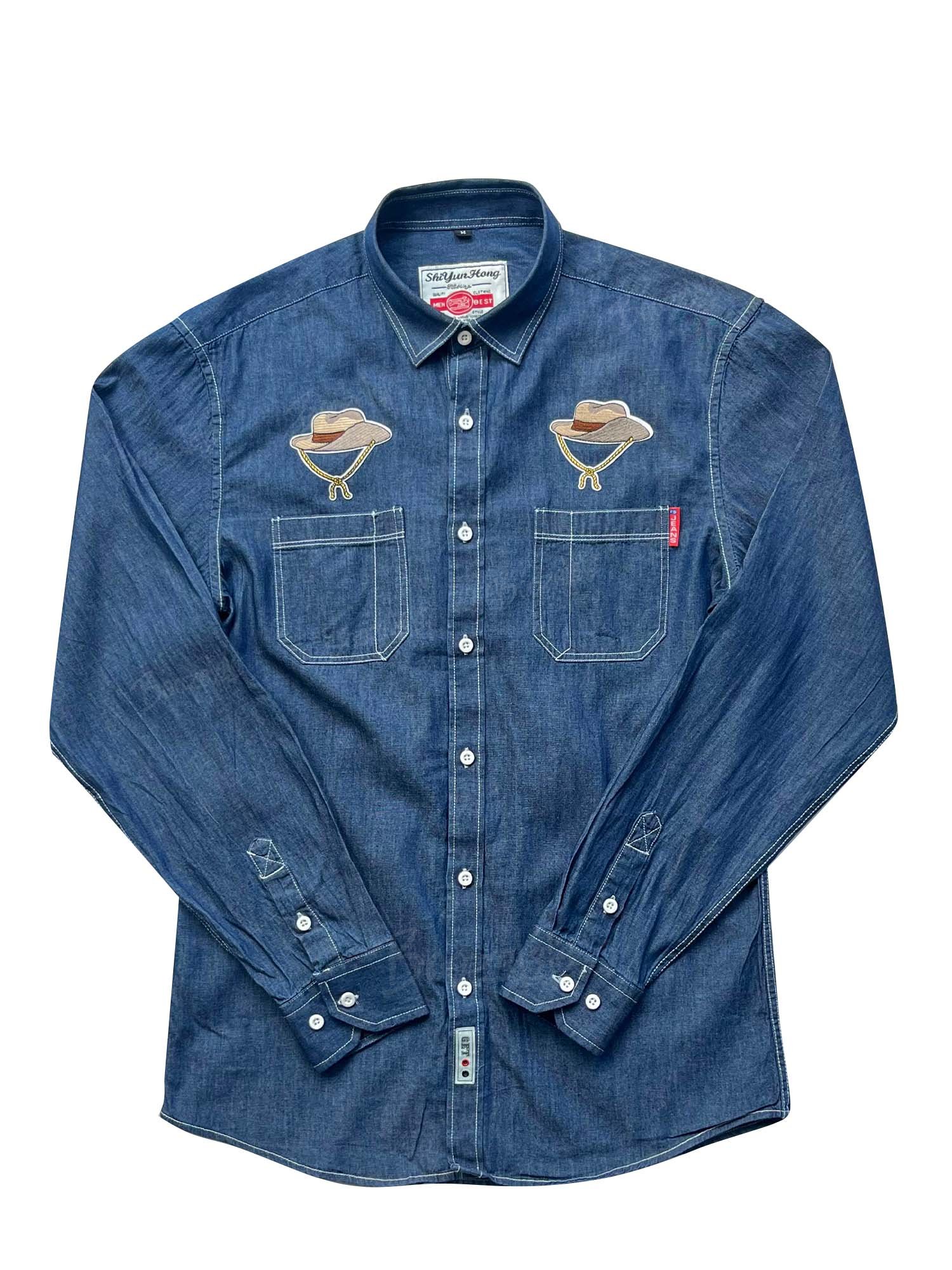 【Embroidery】Western Cowboy Hat - 100% Cotton Denim Long-Sleeved Shirt