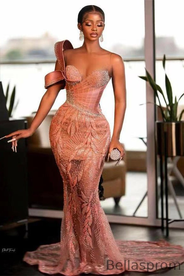 Bellasprom Pink Off-the-Shoulder Prom Dress Mermaid Long Lace Beads Bellasprom