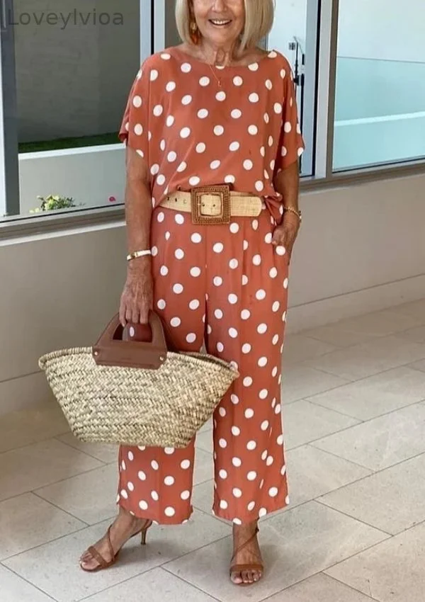 Polka Dot short Sleeve Top and Trousers Two-Piece Set