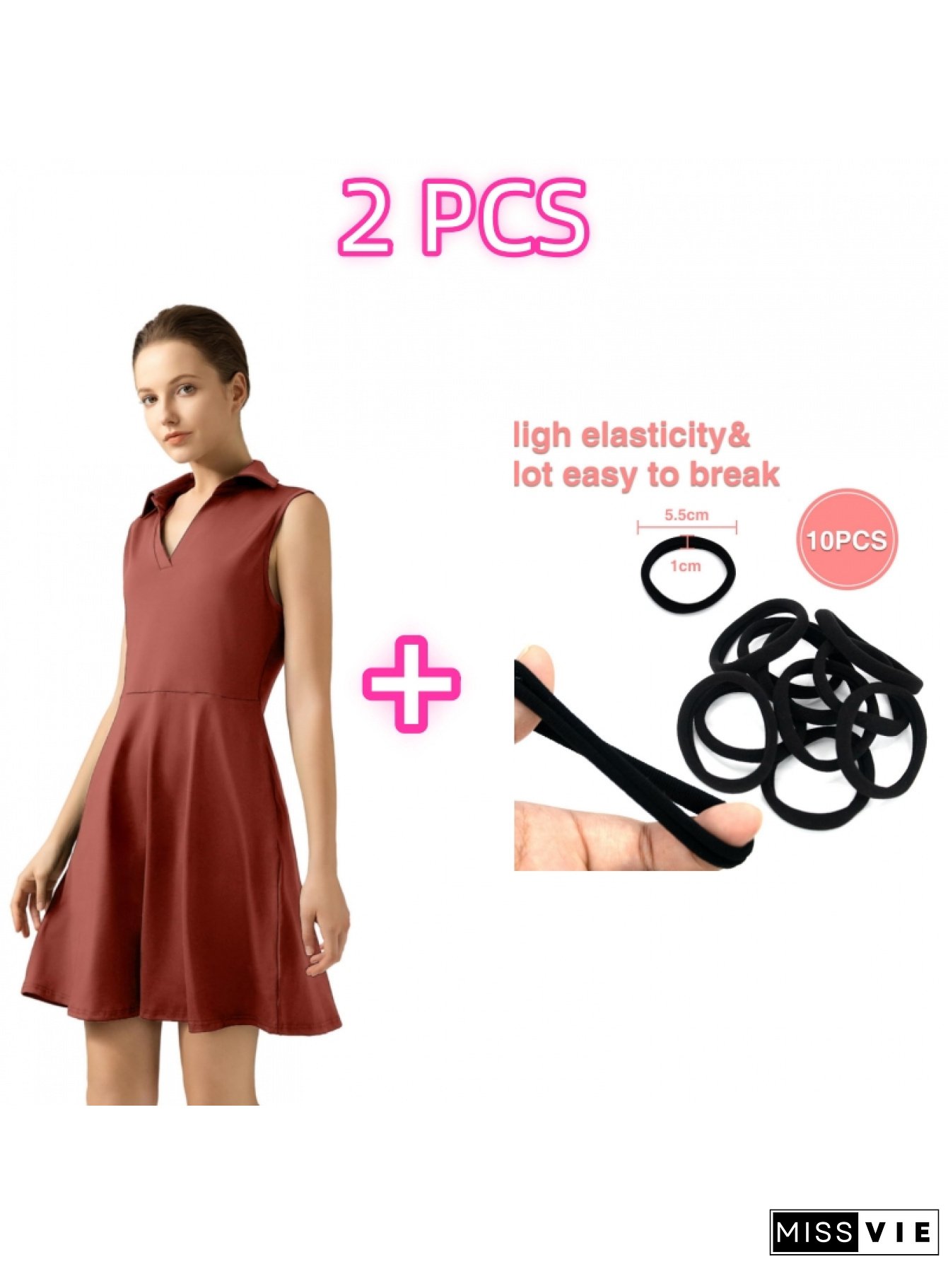 2pcs Women&rsquo;S Athletic Dress With V-Neck & 10pcs High Elasticity Hair Rubber Bands - Lightweight, Durable, And Versatile For Golf, Tennis, Or Workout - Red, Size L