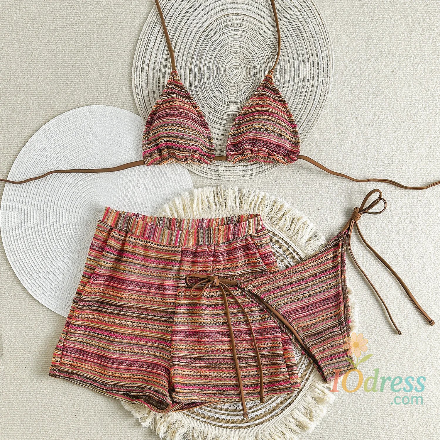 IO Dress Sexy Knitted Striped Halter Tie Bikinis Sets Three Pieces with Shorts Swimsuits Beachwear Bathing Suit Swimwear Biquini Tankini