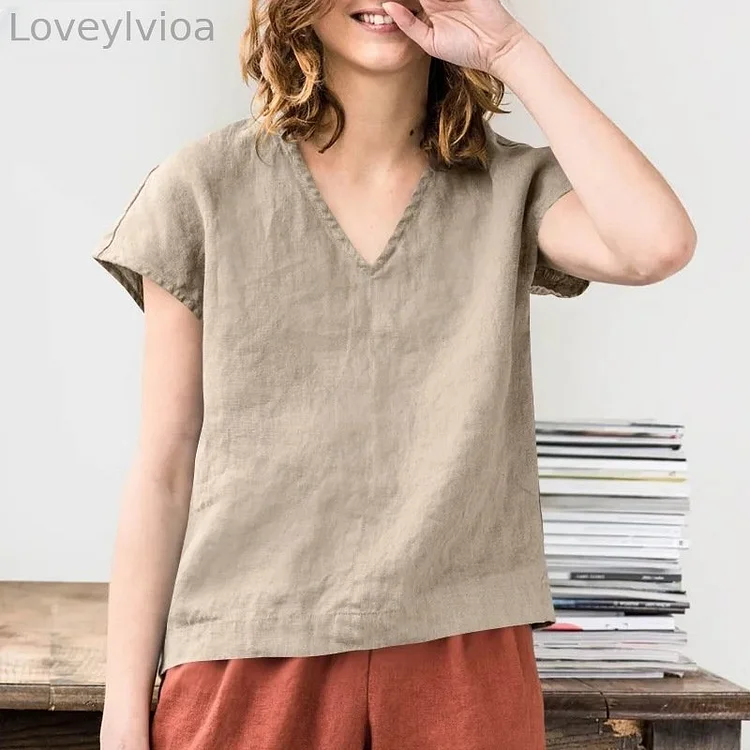 V-Neck Comfortable Linen Cotton Long-Sleeve T-Shirt