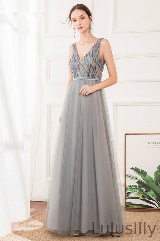 Galmorous V-Neck Sleeveless Long Evening Gowns Tulle Prom Dress With Beadings - lulusllly