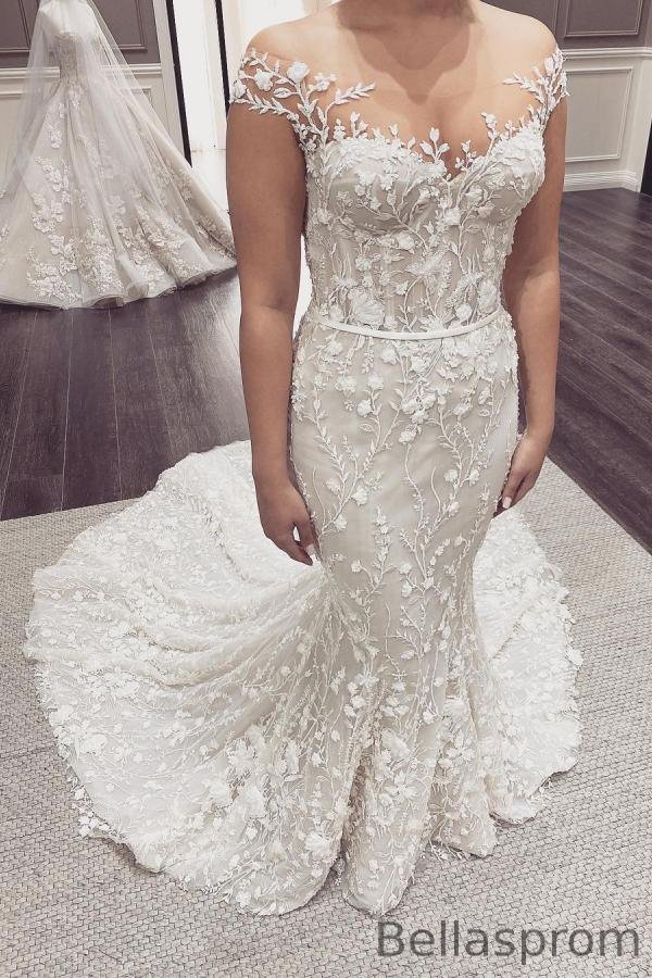 Bellasprom Modest Backless Mermaid Wedding Dress Lace Appliques Off-the-Shoulder Bellasprom
