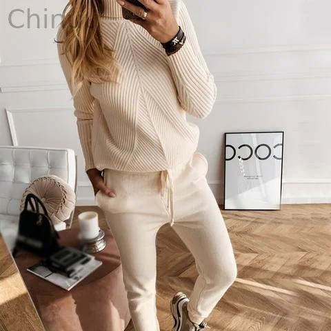 Ladies High-Neck Solid Color Fashion Casual Set