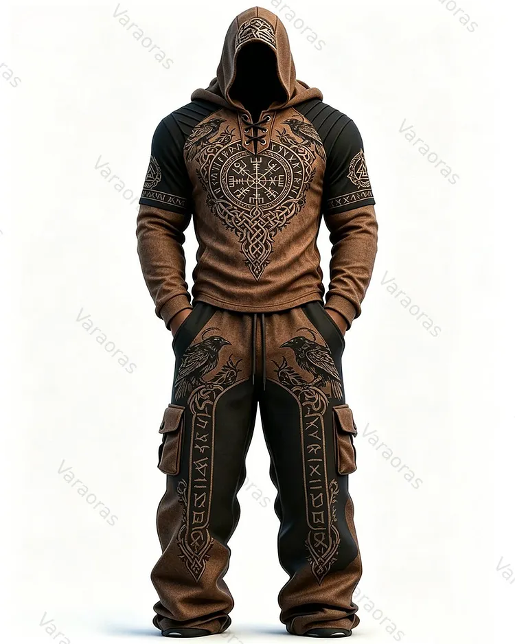 Men's Fashion Viking Contrast Color Raven Embroidered Hoodie & Pants Two-Piece Set 6514
