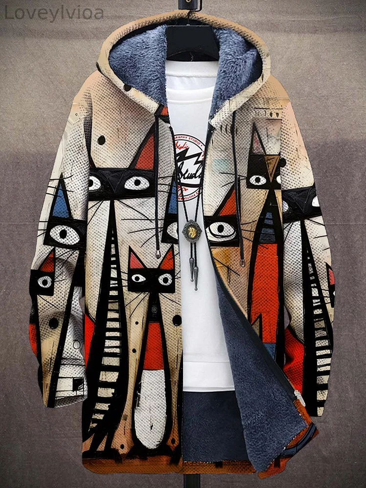 Unisex Retro Abstract Art Cat Plush Thick Long-Sleeved Sweater Cardigan Coat
