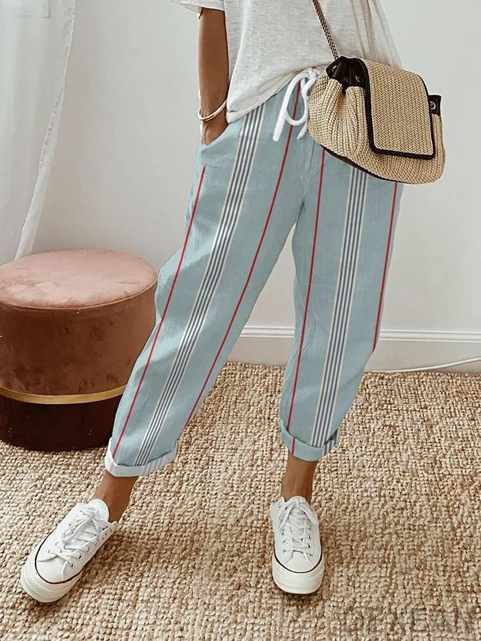 Women's Striped Design Lace-Up Elastic Waist Loose Casual Pants