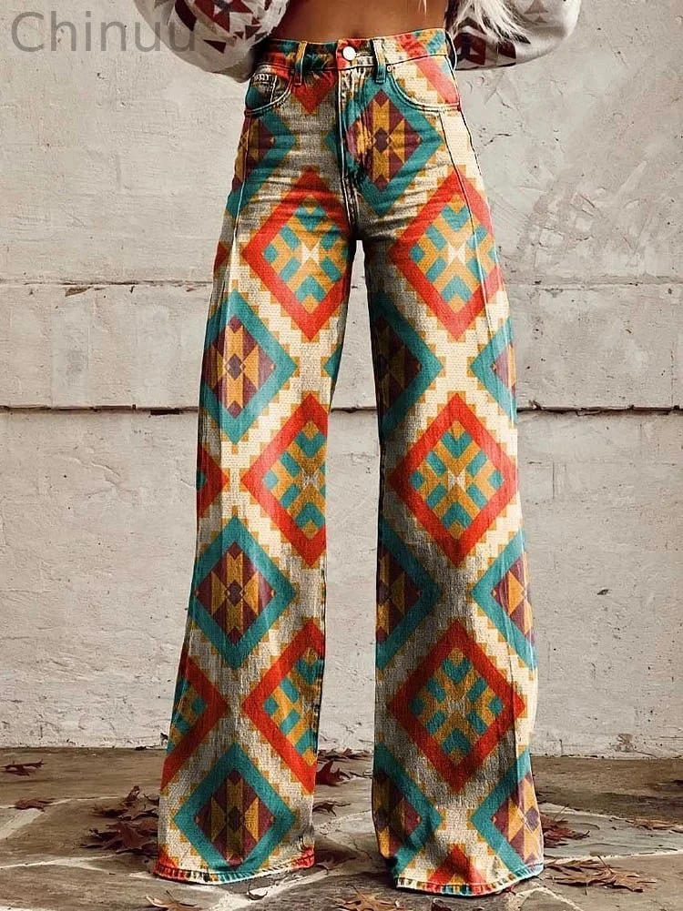Women's Retro Pattern Print Casual Wide Leg Pants