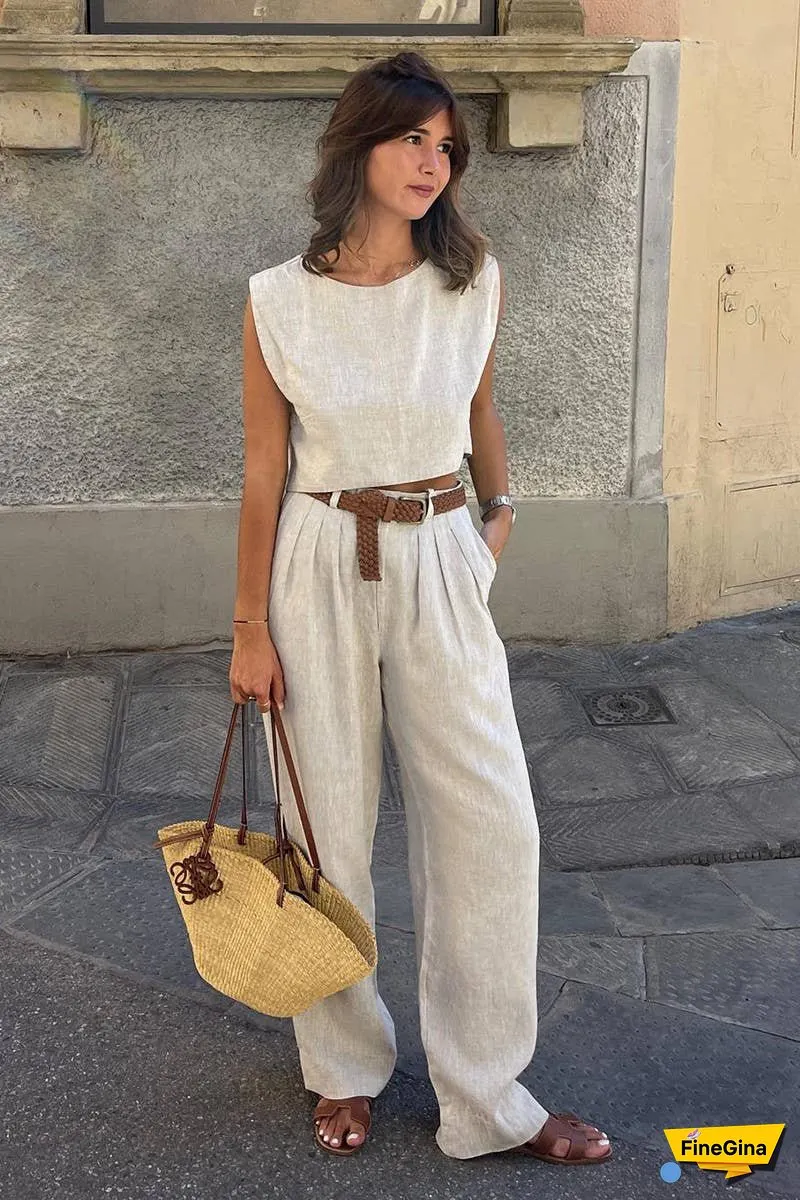 Linen Sleeveless Top & Wide Leg Pants Set