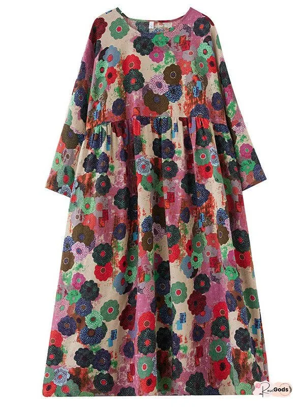 Long Sleeves Loose Flower Print Pleated Pockets Round-Neck Midi Dresses