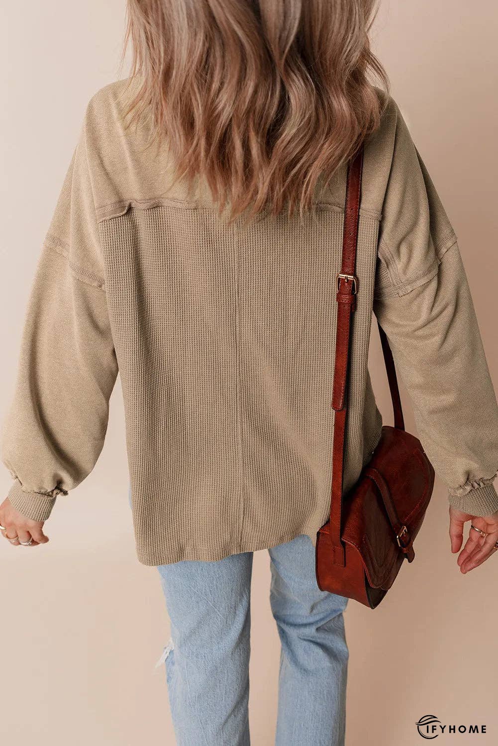 Waffle-Knit Collared Neck Long Sleeve Shacket | IFYHOME