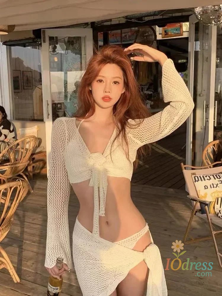 IO Dress Sexy 4 Piece Lace Up Bikinis Set Women Swimsuit Solid Long Sleeve Cover Up with Skirt Swimwear New Push Up Bathing Suit Bikini