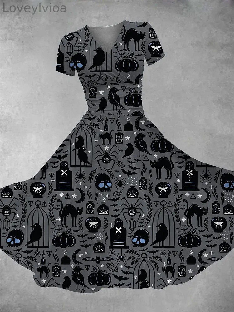 Women's Vintage Poppy and Cat Art Print V-Neck Maxi Dress main image 1