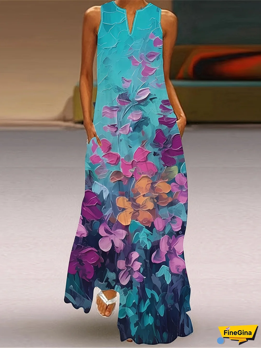 Print V-Neck Maxi Dress for Women - Sleeveless, Loose Fit with Pockets, Vibrant Blue to Purple Gradient Design, Perfect for Spring/Summer/Fall, Summer Casual Wear | Aline Silhouette | Digital Print Fabric, Cute Dresses