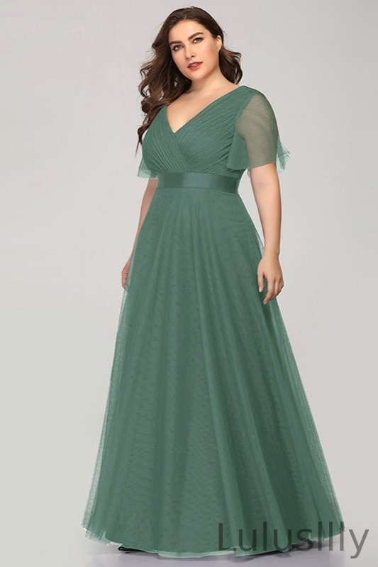 Gorgeous Plus Size Short Sleeve Prom Dress Long Tulle Evening Gowns - lulusllly