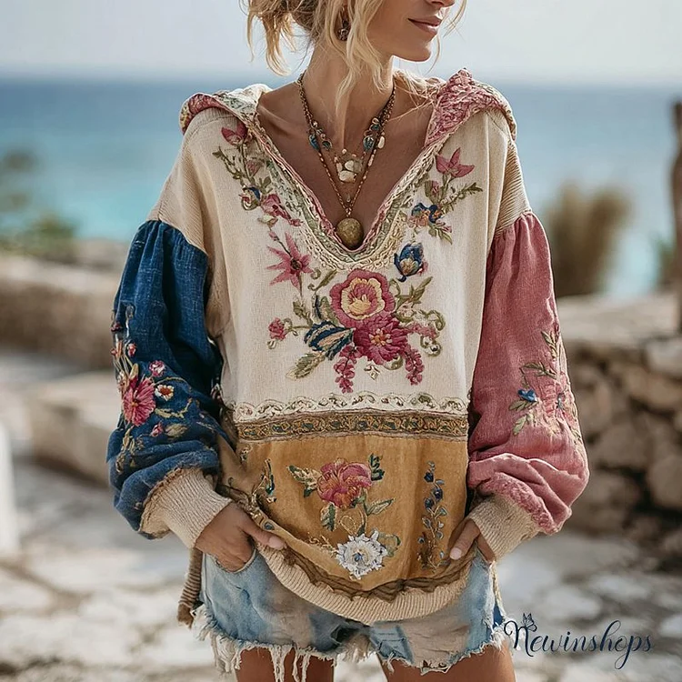 Women's Retro Rose Floral Contrast Color Comfortable Warm V-neck Hoodie