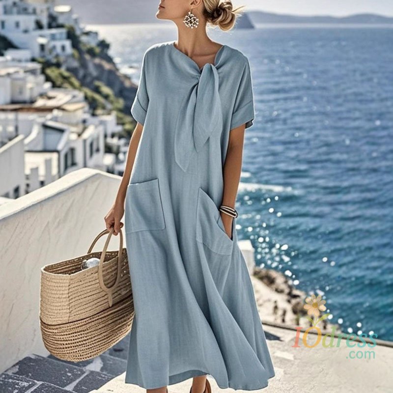 IO Dress Vintage Crew Neck Lace-up Loose Long Dresses Woman Spring Solid Pocket Boho Party Dress Summer Short Sleeve Vacation Beach Dress