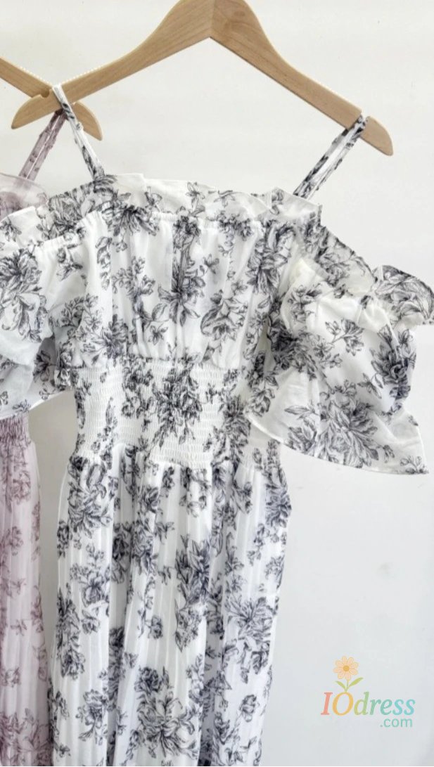 IO Dress Fairy Lovely Mesh Ruched Patchwork Robe Mid-length Puff Sleeve Off Shoulder Slim Mujer Japan Print Pleated Fresh Dress