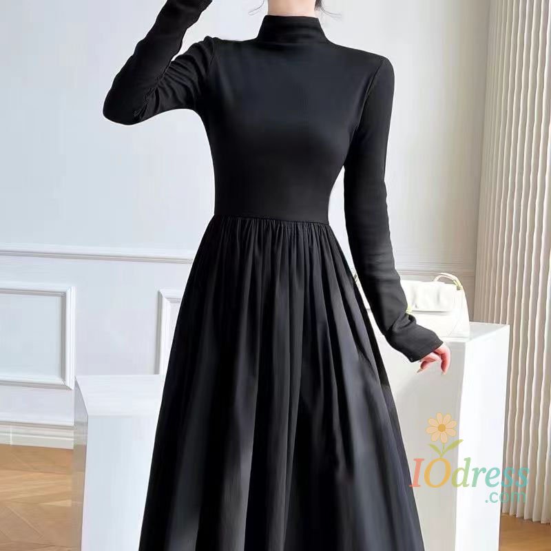 IO Dress Lucyever French Style Black A-Line Dresses Women Elegant High Waist Long Sleeve Midi Dress Autumn Winter Slim Fit Maxi Dress