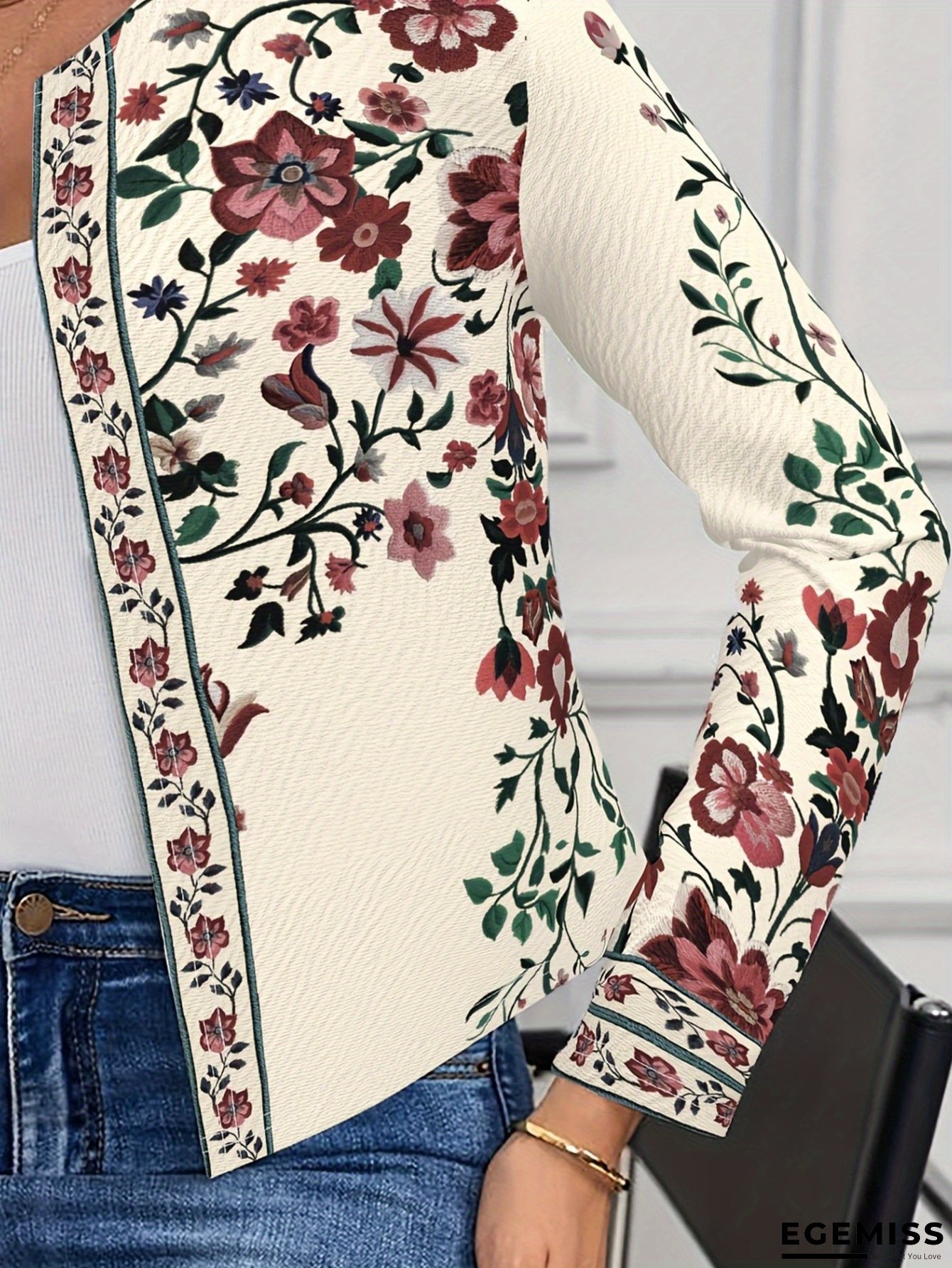 [Floral Print Jacket] Women's Floral Print Jacket | Elegant Casual Chic Blazer-like Coat, Machine Washable Fall/Winter Outerwear for Everyday & Formal Events, Ladies Winter Coats, Event Attire, Sophisticated Detailing, Fall Fashion, Comfortable Material | EGEMISS