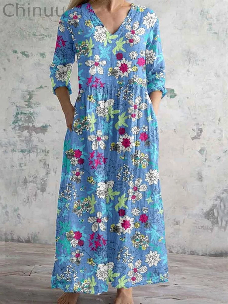 Women's Elegant Floral Pattern V-Neck Cotton Dress with Pockets