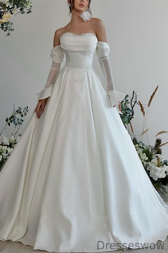 Dresseswow Sweetheart Long Sleeves Satin Wedding Dress With Pearls