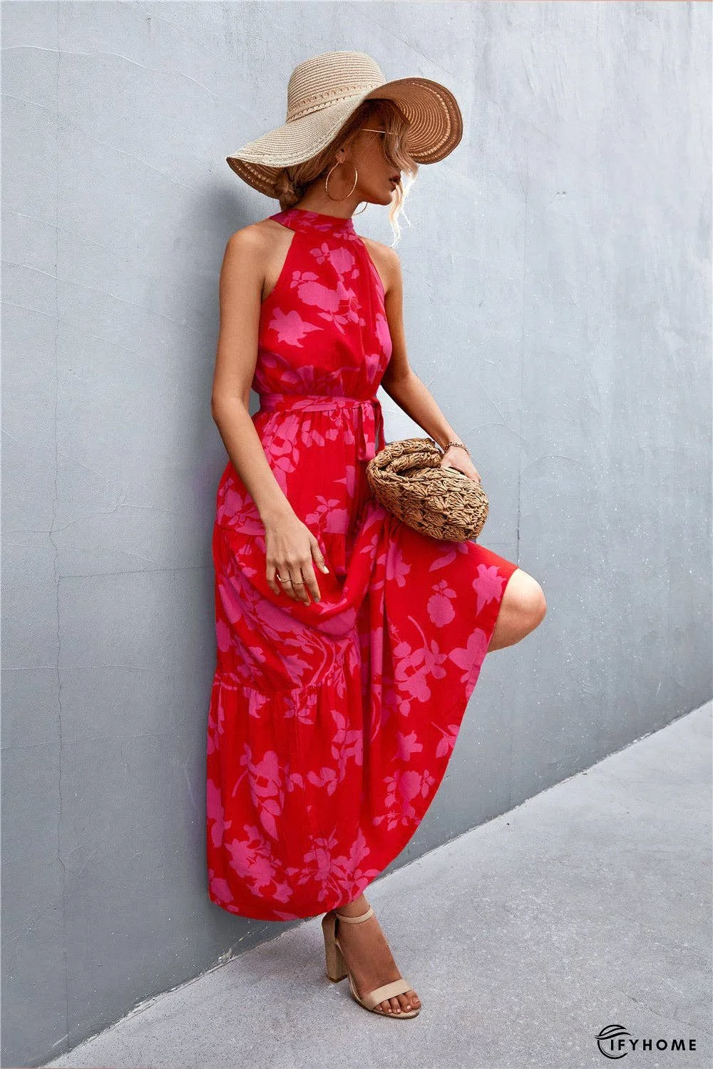 Printed Sleeveless Tie Waist Maxi Dress | IFYHOME