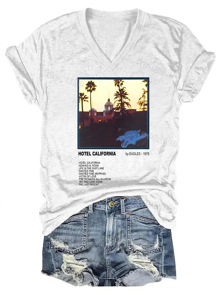Teecade Teecade Hotel California By Eagles Band V-neck T-shirt