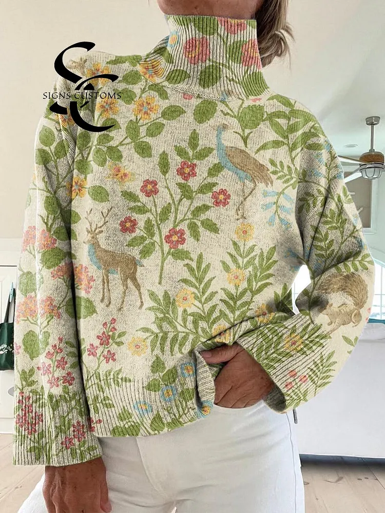 Women's Lovely Woodland Animals Pattern Art Print Knit Turtleneck Pullover Sweater