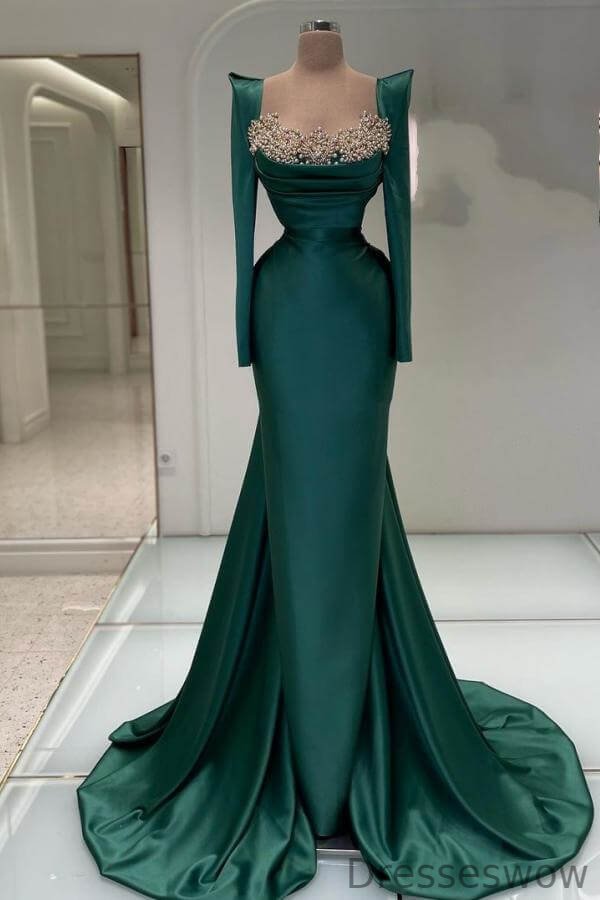 Dresseswow Emerald Green Square Long Sleeves Mermaid Evening Dress With Pearls Online