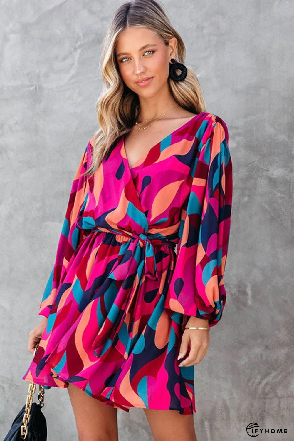 Abstract Printed Belted Puff Sleeve Mini Dress | IFYHOME