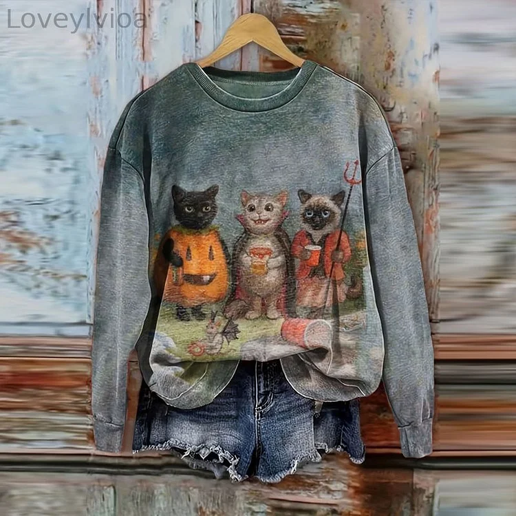 Halloween Cute Cat Print Casual Sweatshirt