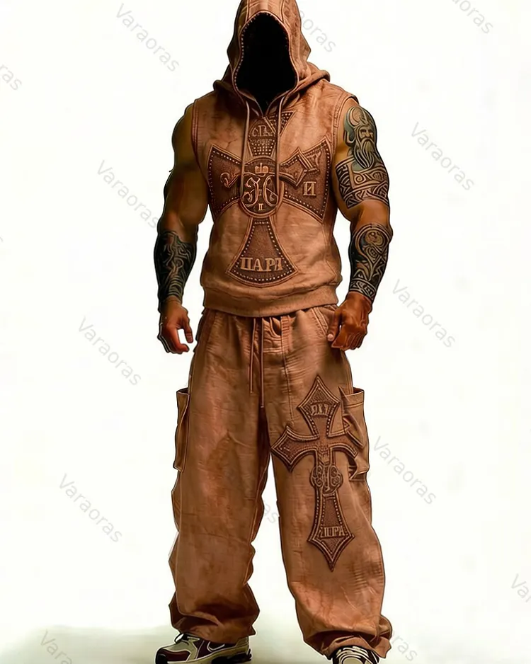 Men's Fashion Cross Embroidered Hooded Sleeveless Top and Pants Two-Piece Set5988