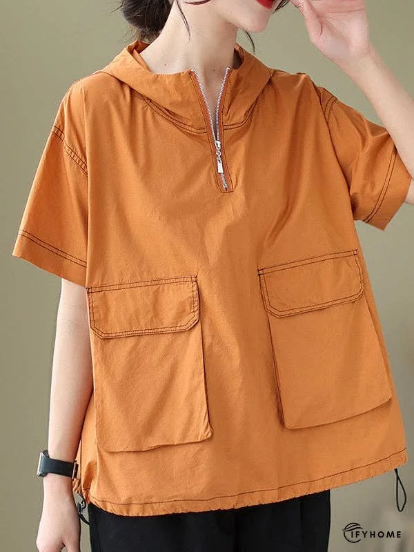 Loose Short Sleeves Zipper Hooded T-Shirts Tops | IFYHOME