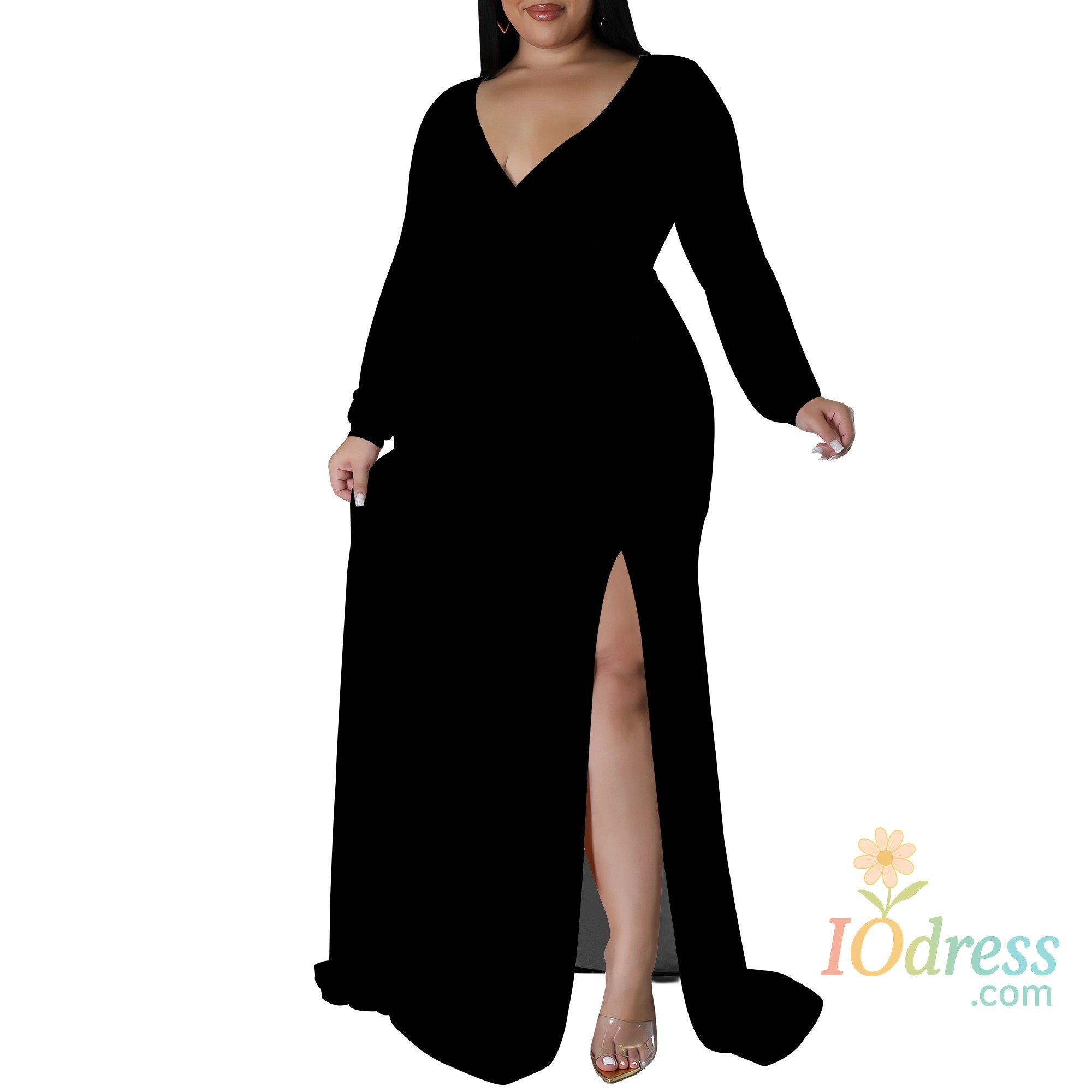 IO Dress Plus Size Formal Maxi Dress for Women Sexy Long Sleeve V Neck Side Split Solid Color Casual Dress with Belt IO Dress