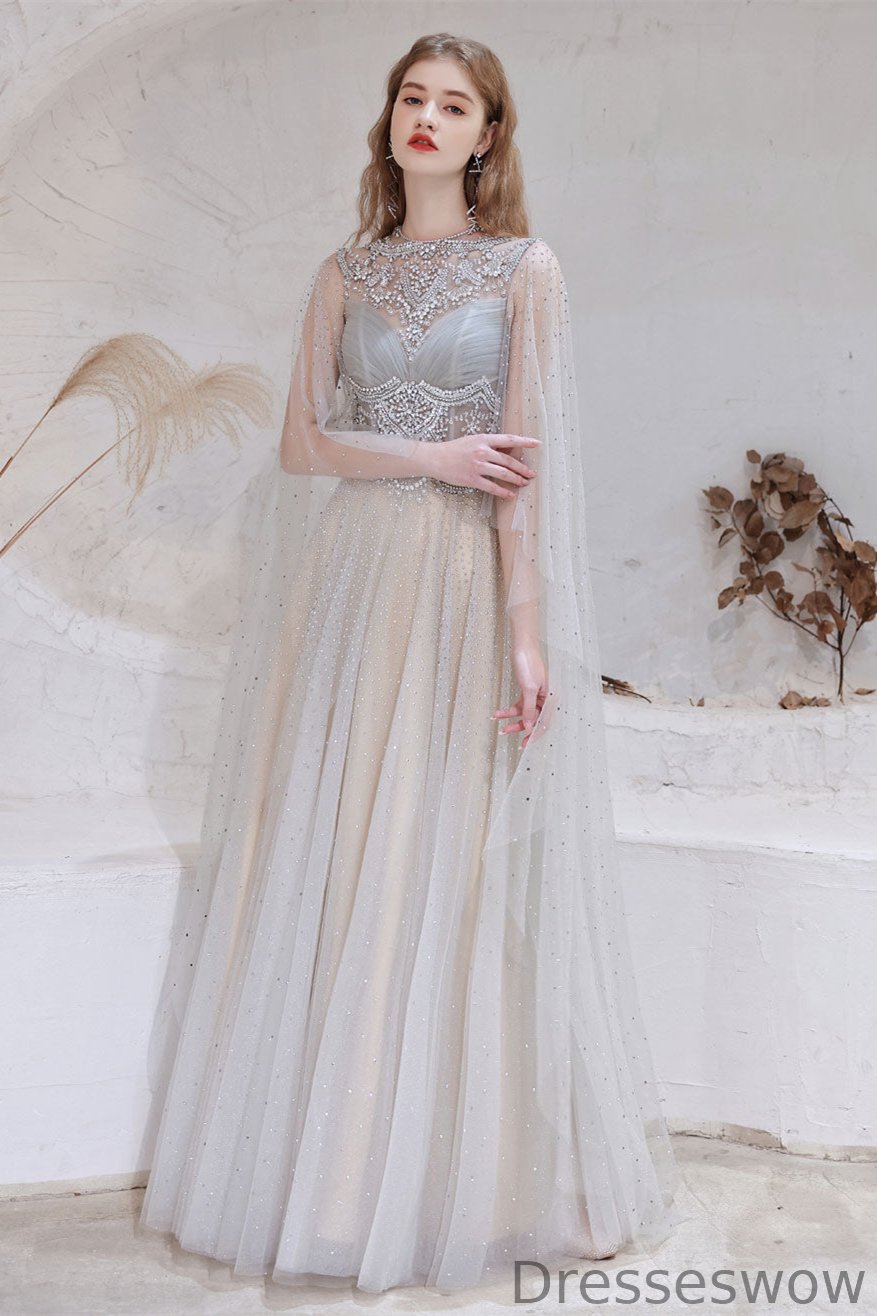 Dresseswow Ruffles Beadings Evening Dress Long Tulle With Crystals