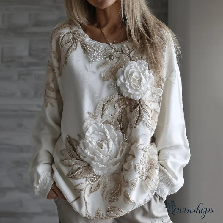 Women's Retro White Flower Embroidery Art Long Sleeve Sweatshirt