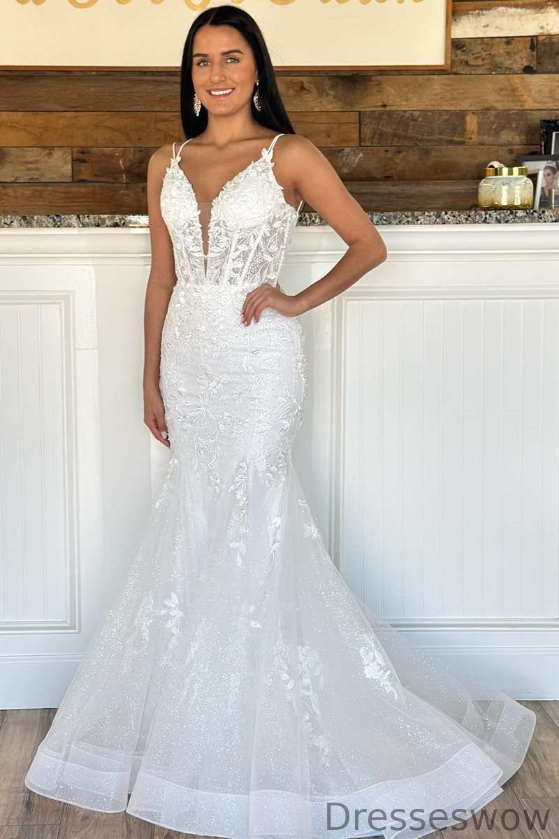 Dresseswow White Spaghetti-Straps V-Neck Sleeveless Mermaid Prom Dress With Appliques