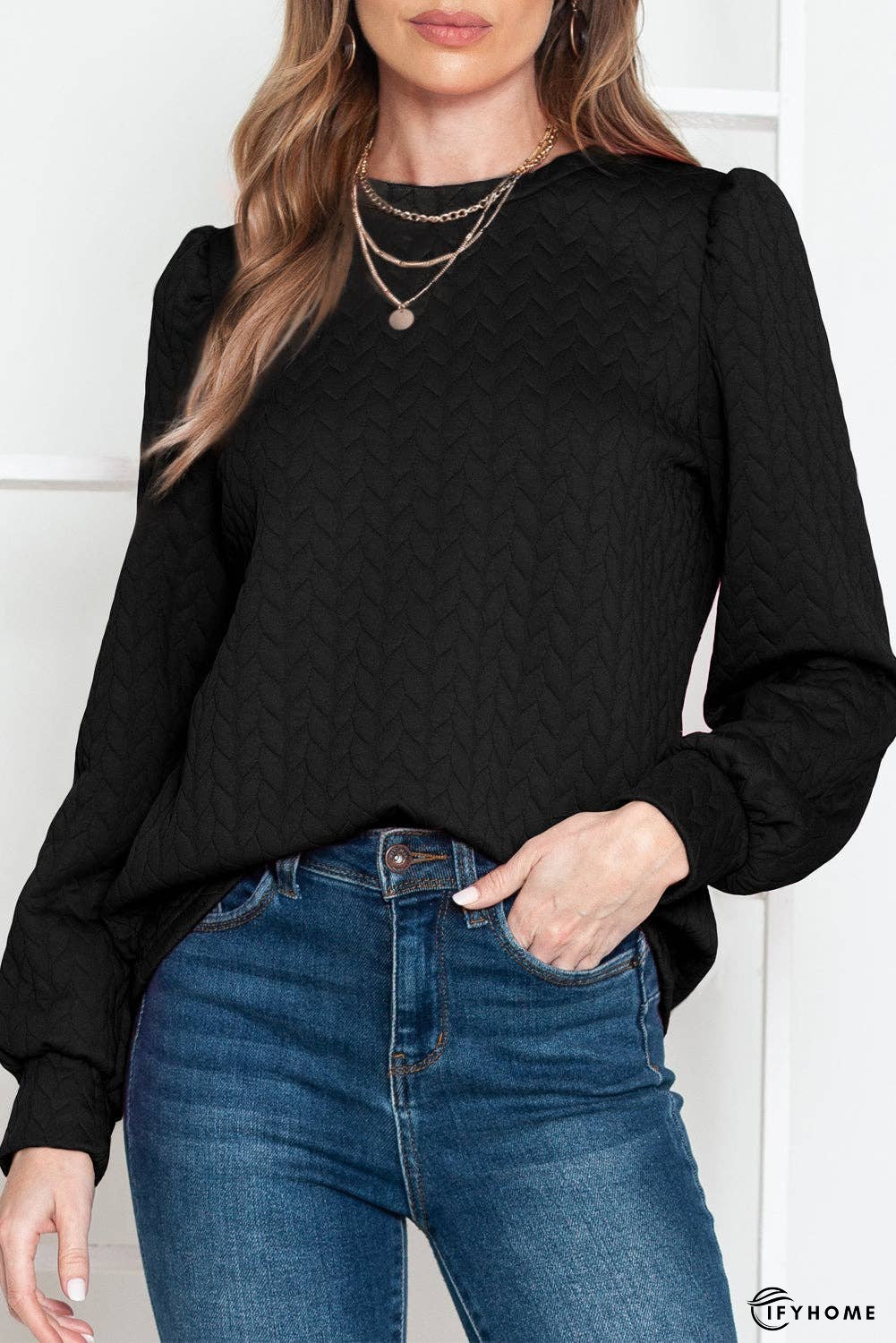 Rosy Waffle Quilted Puff Sleeve Sweatshirt | IFYHOME
