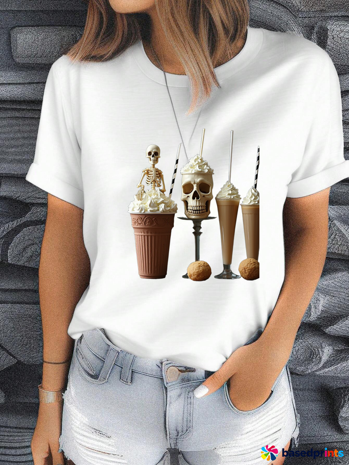 Halloween Skeleton Coffee T-Shirt Women Casual Short Sleeve Tee Tops