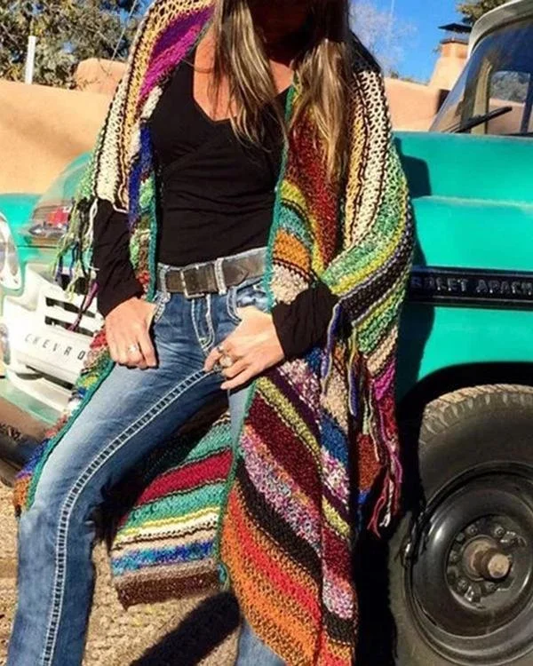 Color-block Long Sleeve Tassel Knitted Outerwear