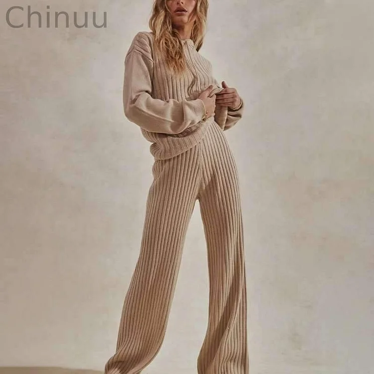 Women's solid color rib knitted Hoodie sweater suits