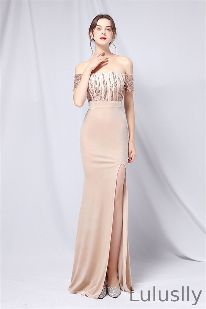 Luluslly Off-the-Shoulder Sequins Mermaid Evening Dress Long Split Velvet YE0056