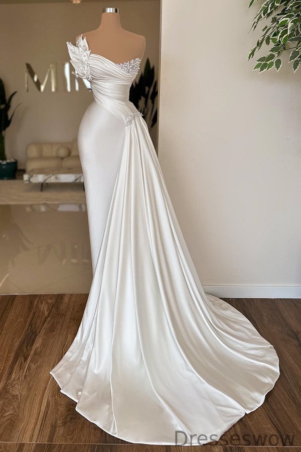 Dresseswow Pearls Mermaid Wedding Dress Long With Pleats Ruffle