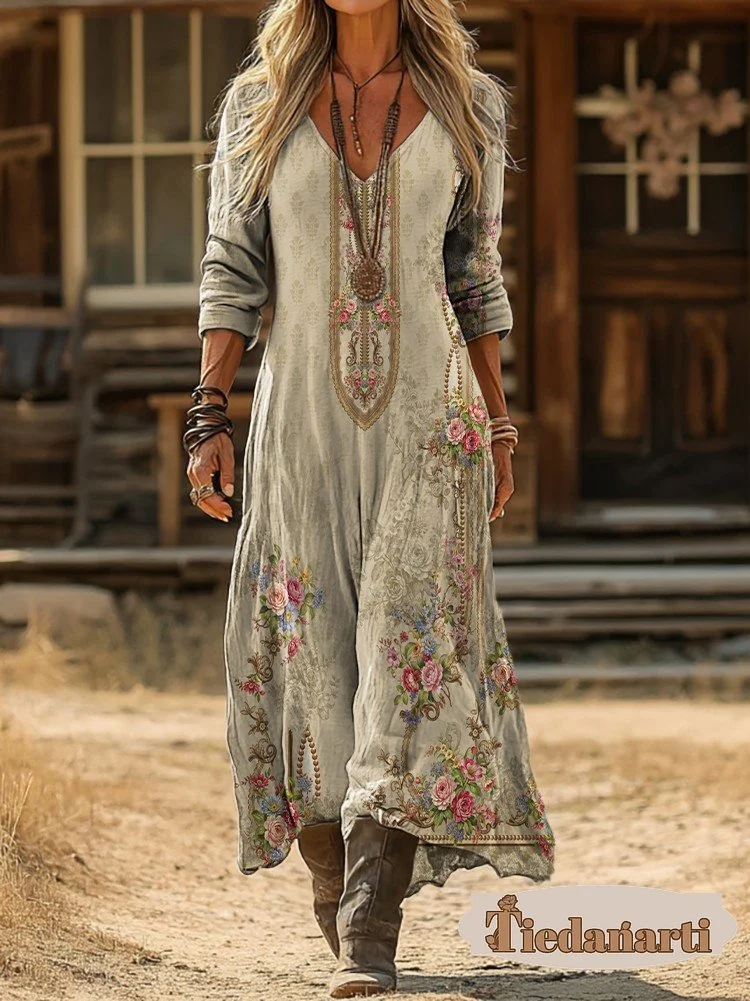 Women's Vintage Floral Art Print Pocket Cotton V-Neck Long-Sleeve Dress