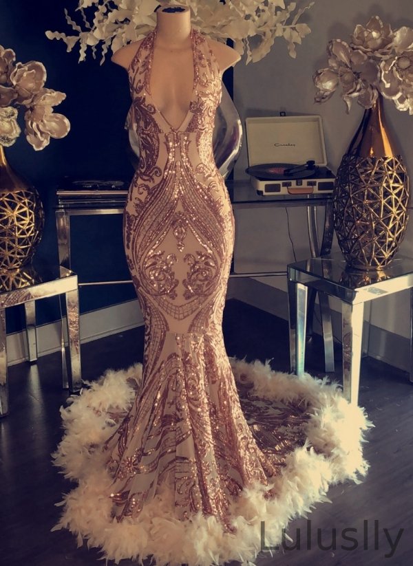 Luluslly Rose Pink Sleeveless Sequins Prom Dress Mermaid With Feather