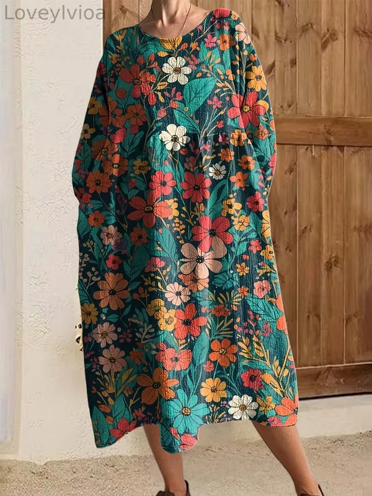 Women's Round Neck 9/3 Sleeves Pleated Colorful Floral A-Line Cotton Dress